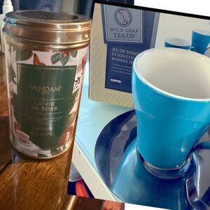 Tea Gift Set Cup Saucer VAHDAM Tea Tin Blue Modern Bundle NWT
